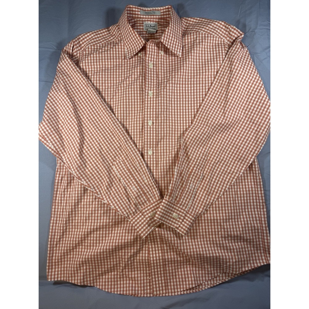 L.L. Bean Men's Orange & White Gingham Long Sleeve Sleeve Button Up Shirt Size L